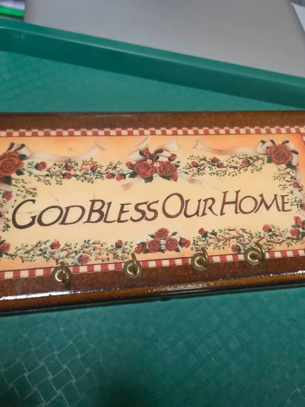 God bless our home key rack plaque wood brass key hooks has Florida script